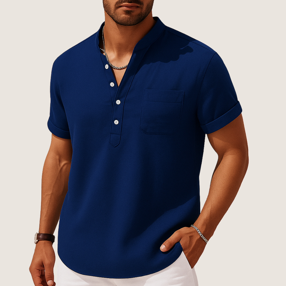 Monarch Chemise Été – Col Montant Décontracté en Lin & Coton
