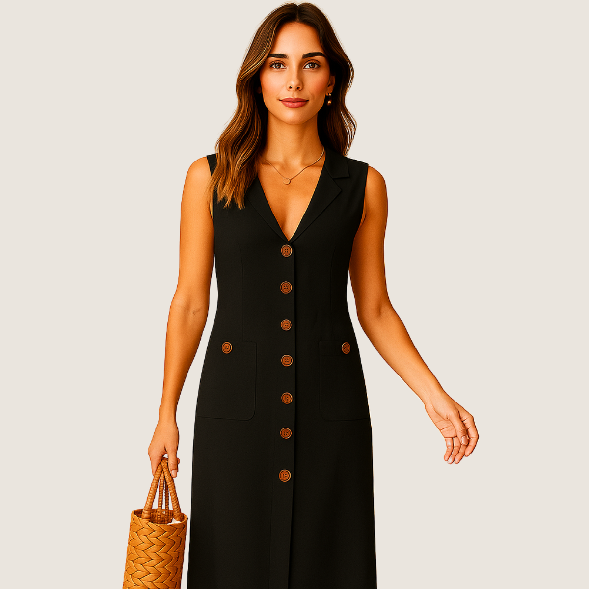 Monarch Robe Midi en Lin – Col V Élégant avec Boutons et Poches