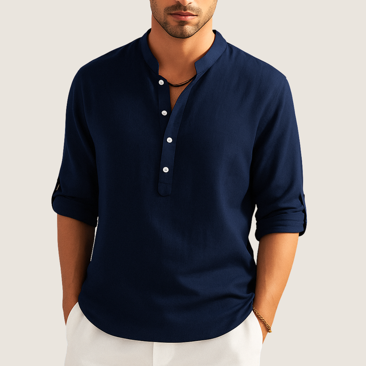 Monarch Chemise Coton – Élégance Décontractée à Col Montant, Manches Longues