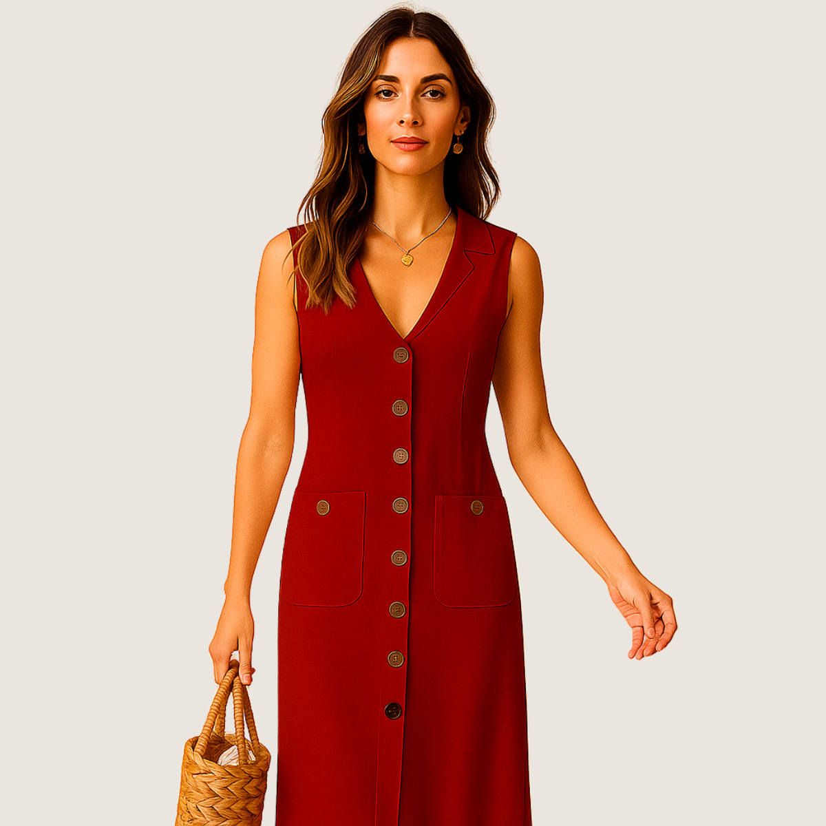 Monarch Robe Midi en Lin – Col V Élégant avec Boutons et Poches