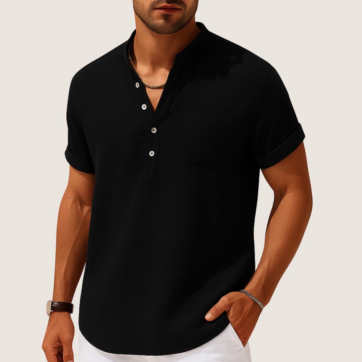 Monarch Chemise Été – Col Montant Décontracté en Lin & Coton