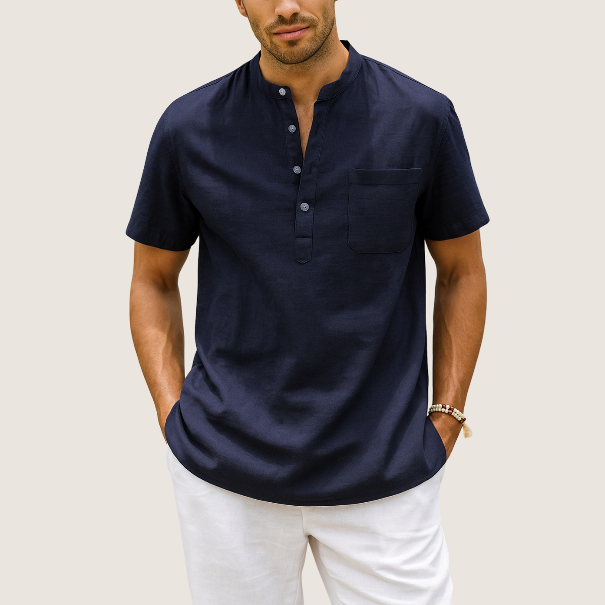 Monarch Chemise Lin & Coton – Col Henley Décontracté