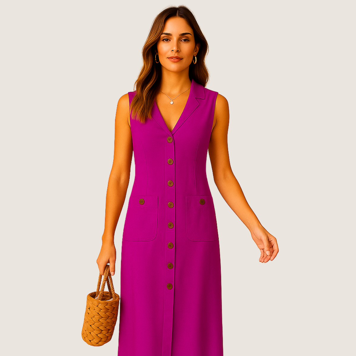 Monarch Robe Midi en Lin – Col V Élégant avec Boutons et Poches