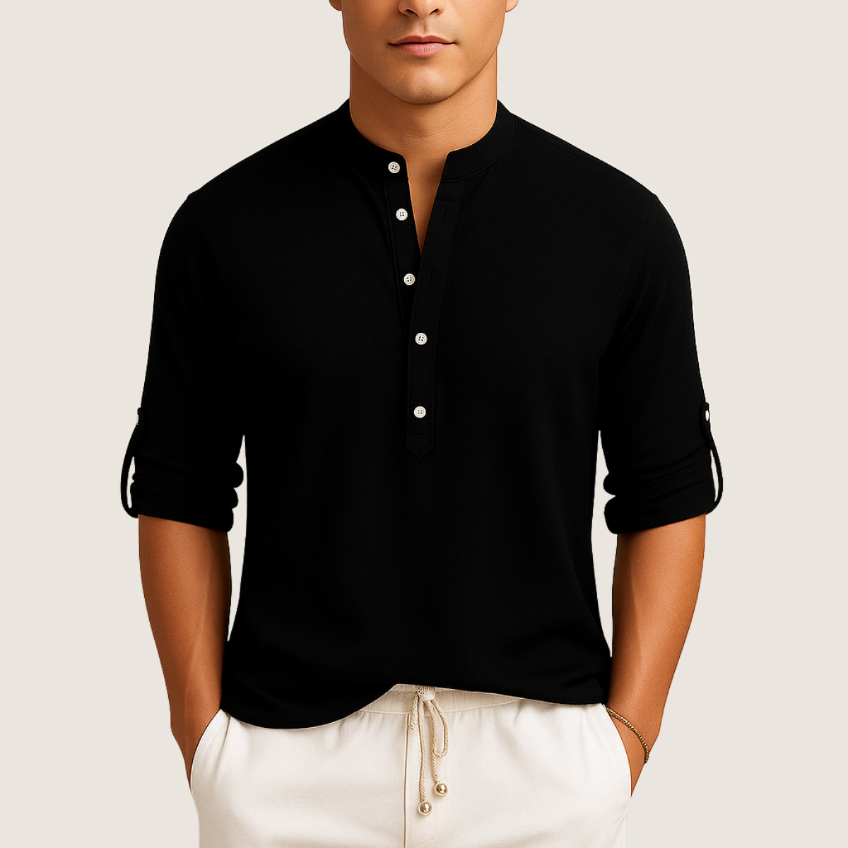 Monarch Chemise Coton – Élégance Décontractée à Col Montant, Manches Longues