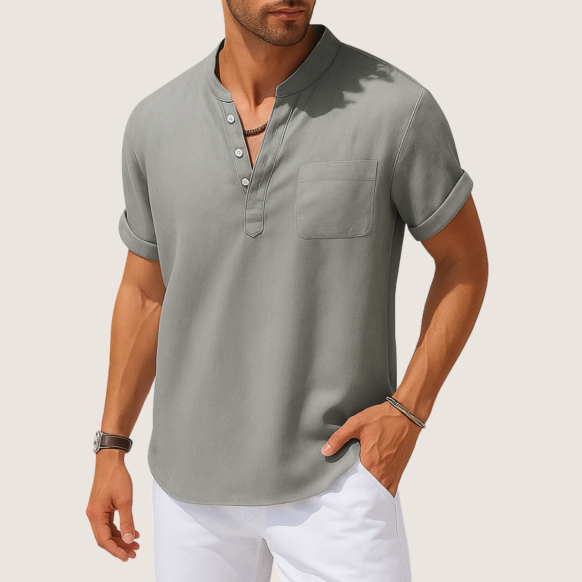 Monarch Chemise Été – Col Montant Décontracté en Lin & Coton