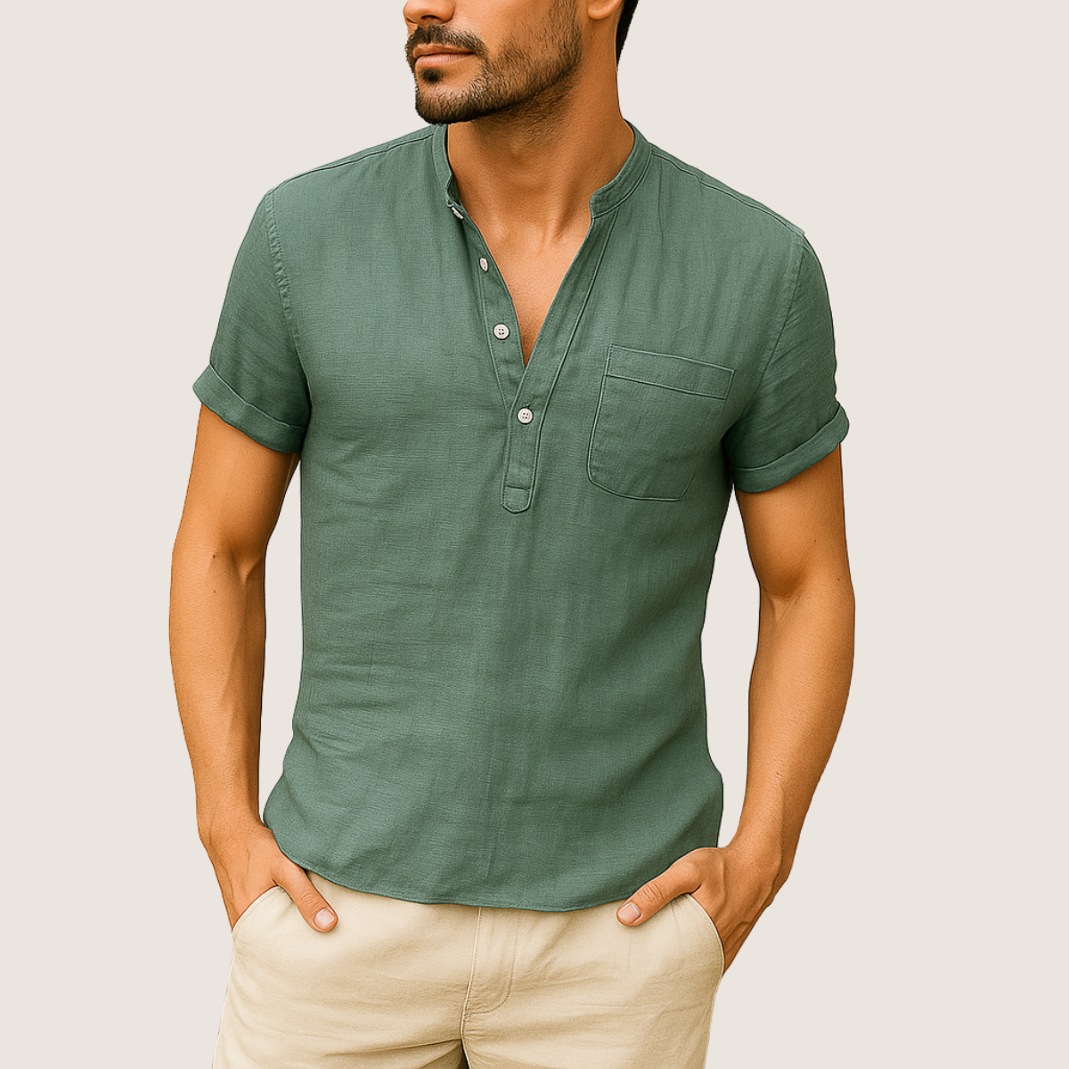 Monarch Chemise Été – Col Montant Décontracté en Lin & Coton