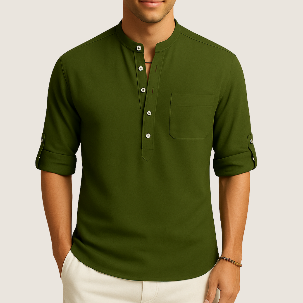 Monarch Chemise Coton – Élégance Décontractée à Col Montant, Manches Longues