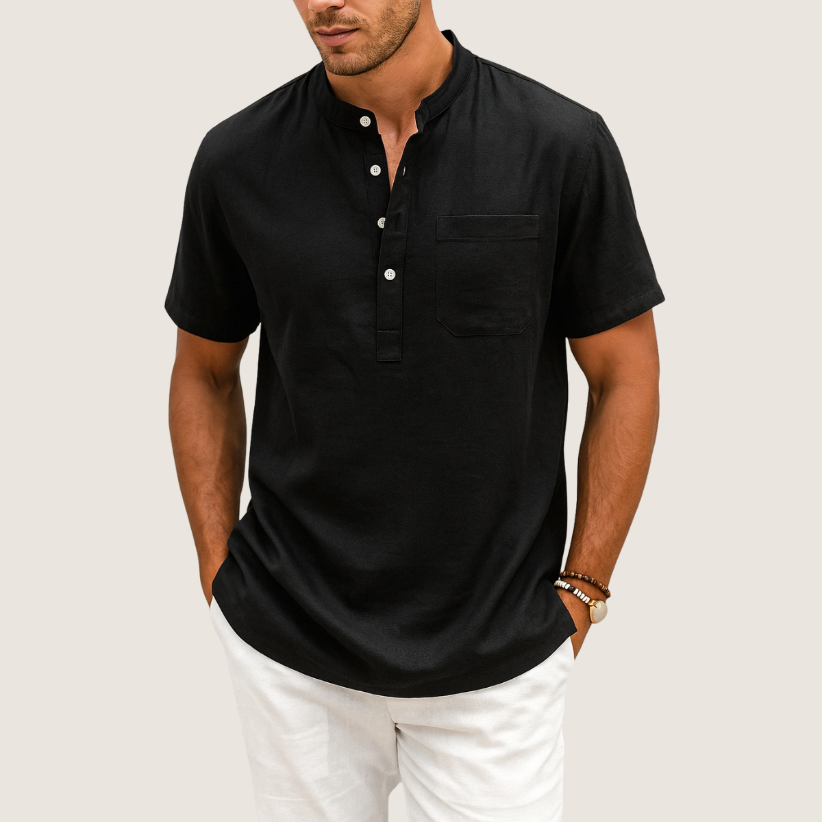 Monarch Chemise Lin & Coton – Col Henley Décontracté