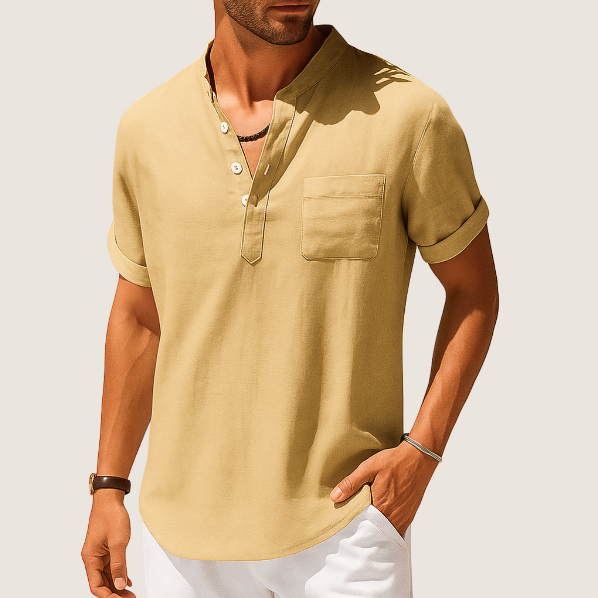 Monarch Chemise Été – Col Montant Décontracté en Lin & Coton