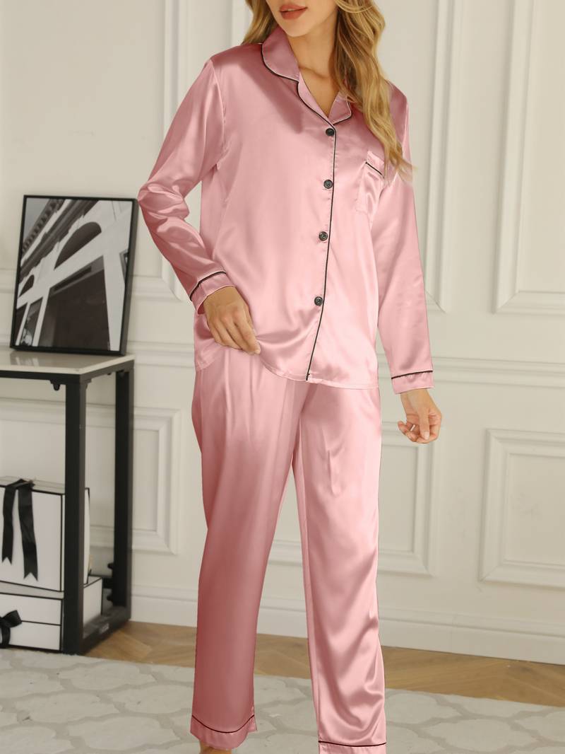 Amber-Louise | Dames satijnen pyjamaset met knoopsluiting en lange broek