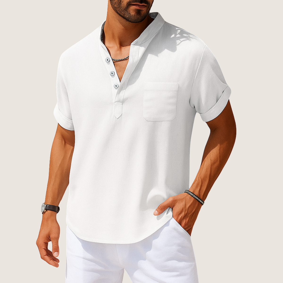 Monarch Chemise Été – Col Montant Décontracté en Lin & Coton