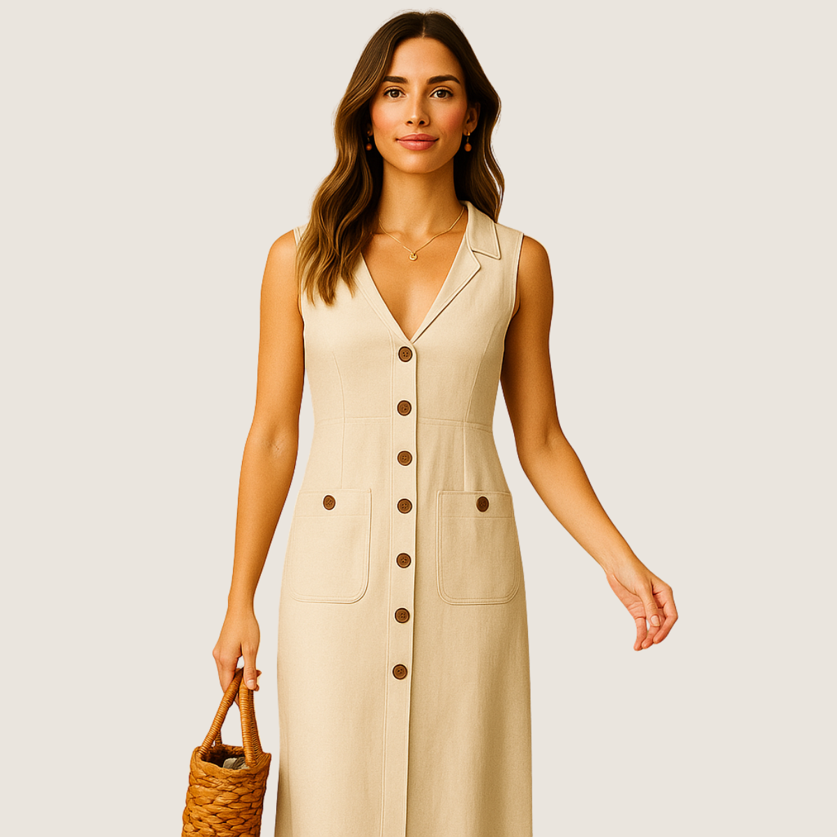 Monarch Robe Midi en Lin – Col V Élégant avec Boutons et Poches