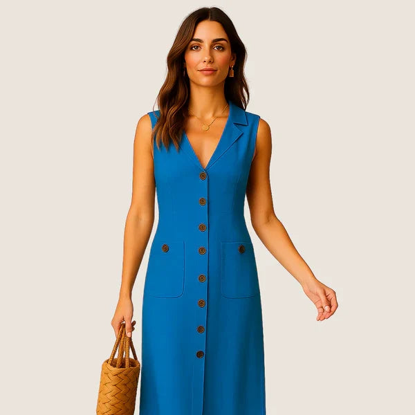 Monarch Eva midi-jurk – Elegante V-hals met knopen en zakken