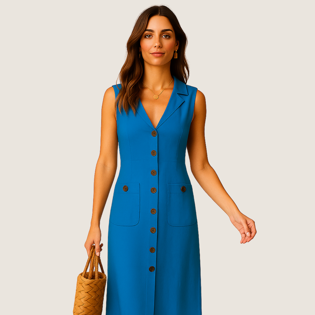 Monarch Robe Midi en Lin – Col V Élégant avec Boutons et Poches