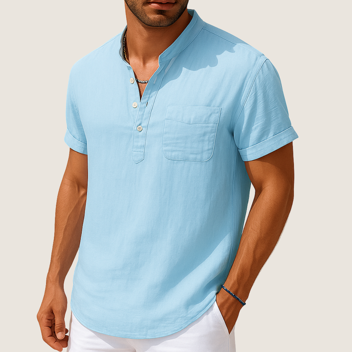 Monarch Chemise Été – Col Montant Décontracté en Lin & Coton