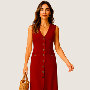 Monarch Robe Midi en Lin – Col V Élégant avec Boutons et Poches