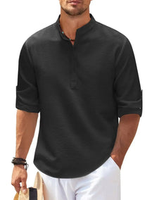 Joachim | Heren casual henley shirt met lange mouwen en knoopsluiting