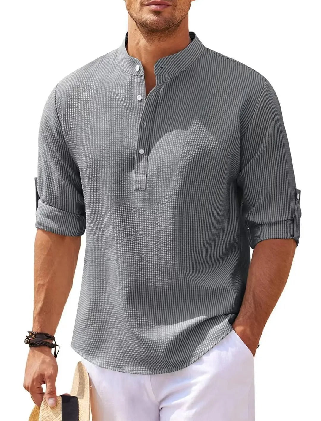 Joachim | Heren casual henley shirt met lange mouwen en knoopsluiting