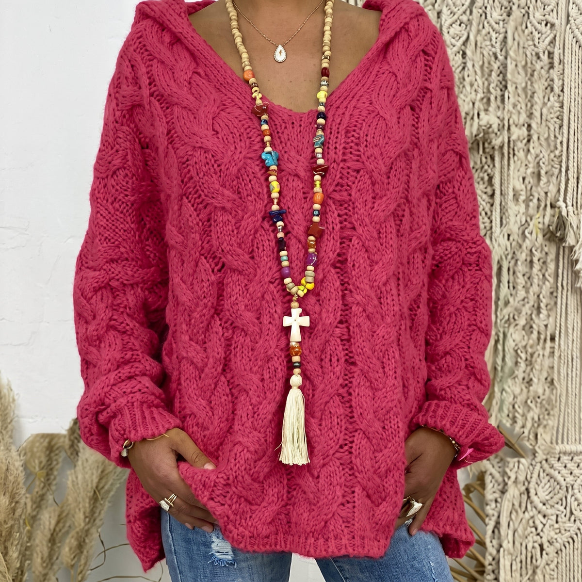 Carlijn | Dames kabelgebreide oversized trui met V-hals