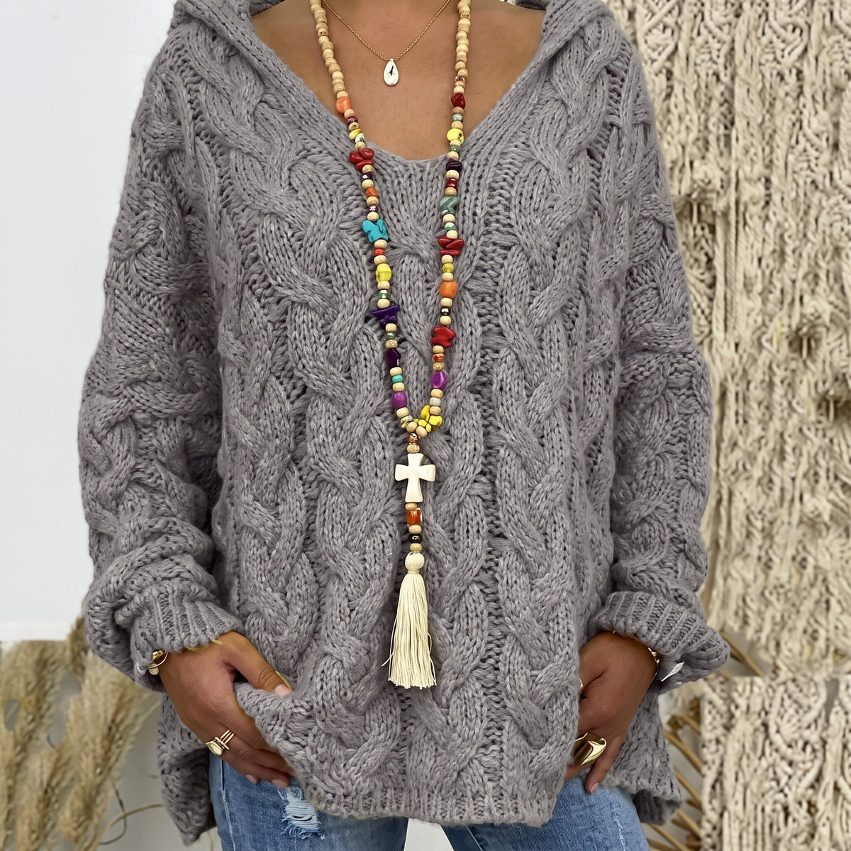 Carlijn | Dames kabelgebreide oversized trui met V-hals