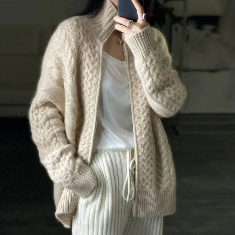 Marleen | Dames Gebreid Kabelvest met Ritssluiting en Wolmix