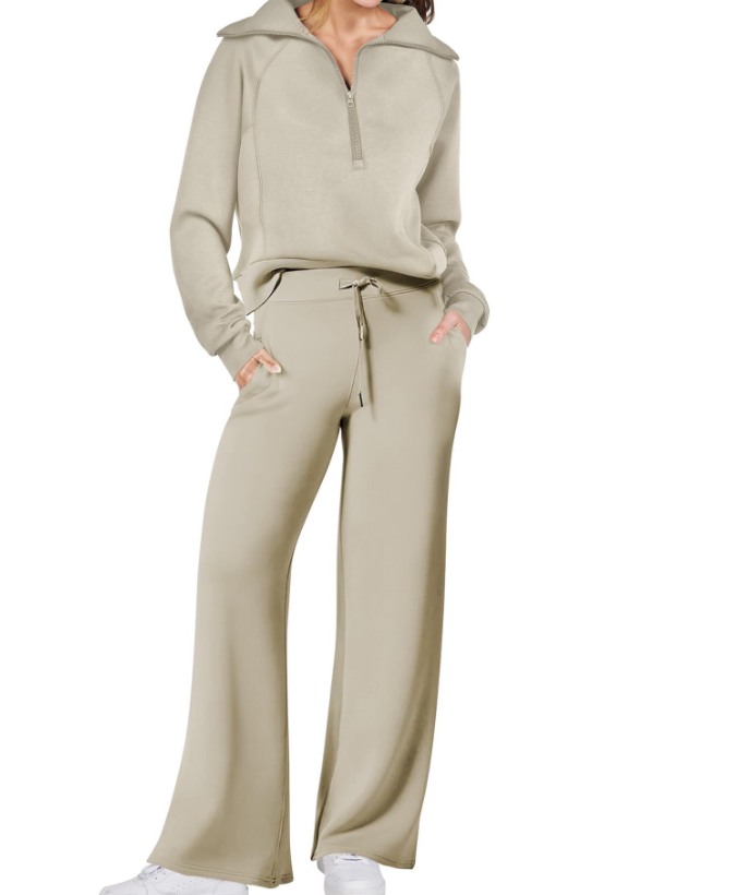 Senna | Dames tweedelige lounge set met kraagtrui en wijde broek met elastische tailleband