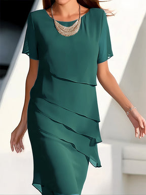 Vera | Dames elegante avondjurk met korte mouwen en asymmetrische lagen