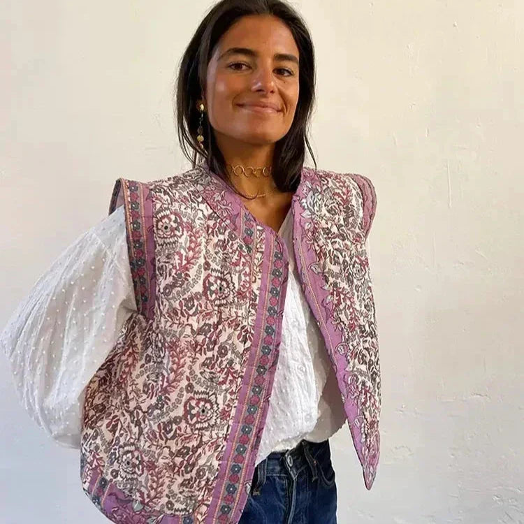 Fleur | Dames losvallend gewatteerd gilet met bloemenprint en open voorkant