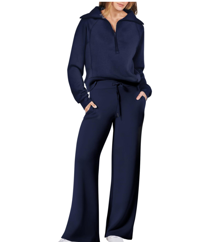 Senna | Dames tweedelige lounge set met kraagtrui en wijde broek met elastische tailleband