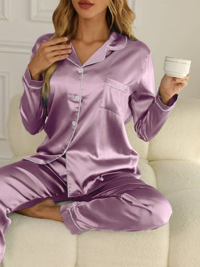 Amber-Louise | Dames satijnen pyjamaset met knoopsluiting en lange broek
