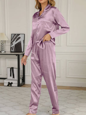 Amber-Louise | Dames satijnen pyjamaset met knoopsluiting en lange broek