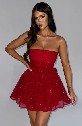 Katrina | Dames Schouderloze Minijurk met Glitterdetails en Uitlopende Rok